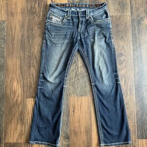 Rock Revival Women Jeans Sz 32 Bootcut Blue Denim Embroidered Pockets Distressed